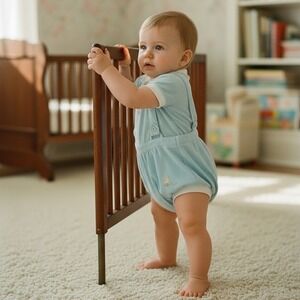 Vintage Baby Romper One-Piece Light Blue Suspender Bunny Bear Duck 9M Jon Jon
